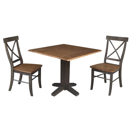 International Concepts 36 in. Solid Wood Square Dual Drop Leaf Dining Table with 2 Chairs in Hickory/Washed Coal K45-36SDP-C613-2